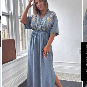 Blue Velvet Boutique Embroidered Denim Chambray Stich and Bloom Dress Size L